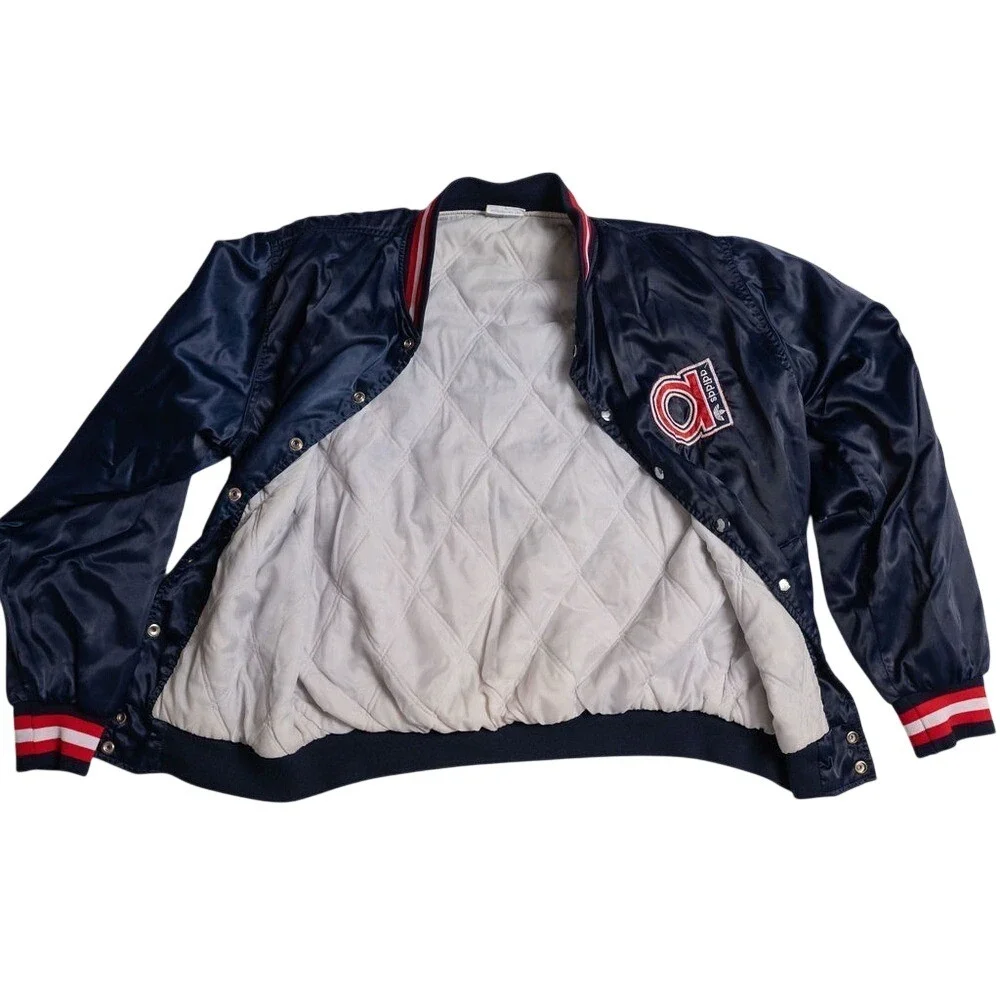 Rare Vintage 1980s Adidas Trefoil Satin Bomber Jacket – Navy/Red‎ – Men's L, EUC